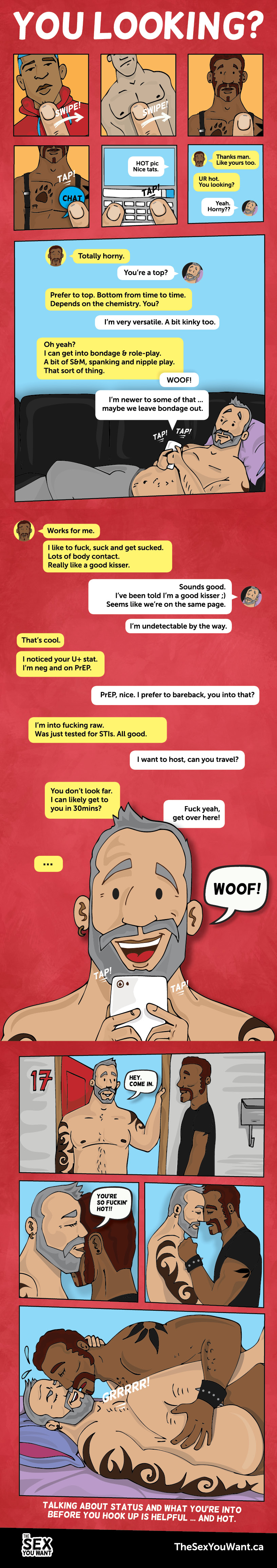 Comic that shows two guys having a pre-hook up online chat.